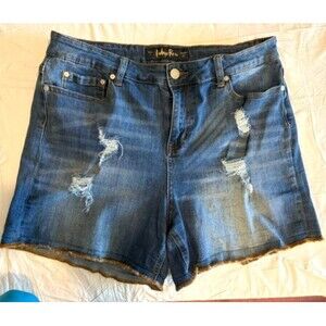 Indigo Rein Distressed Denim Shorts – Medium/Dark Wash, Frayed Hem, Women’s-17